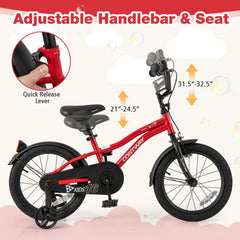 16 Inch Kids Bike with Reflectors, Bell and Detachable Training Wheels, Red