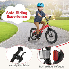 16 Inch Kids Bike with Reflectors, Bell and Detachable Training Wheels, Red