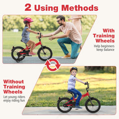 16 Inch Kids Bike with Reflectors, Bell and Detachable Training Wheels, Red