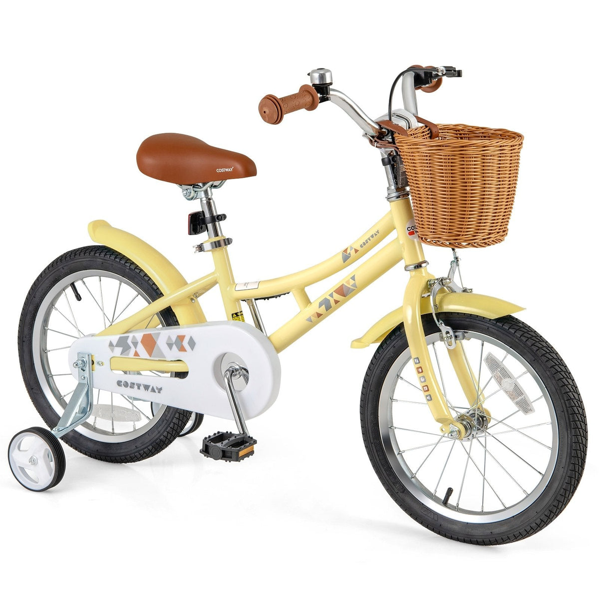 16 Inch Retro Kids Bike with Wicker Basket and Training Wheels, Yellow
