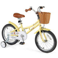 16 Inch Retro Kids Bike with Wicker Basket and Training Wheels, Yellow