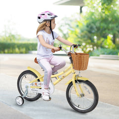 16 Inch Retro Kids Bike with Wicker Basket and Training Wheels, Yellow