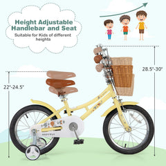 16 Inch Retro Kids Bike with Wicker Basket and Training Wheels, Yellow