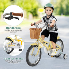 16 Inch Retro Kids Bike with Wicker Basket and Training Wheels, Yellow