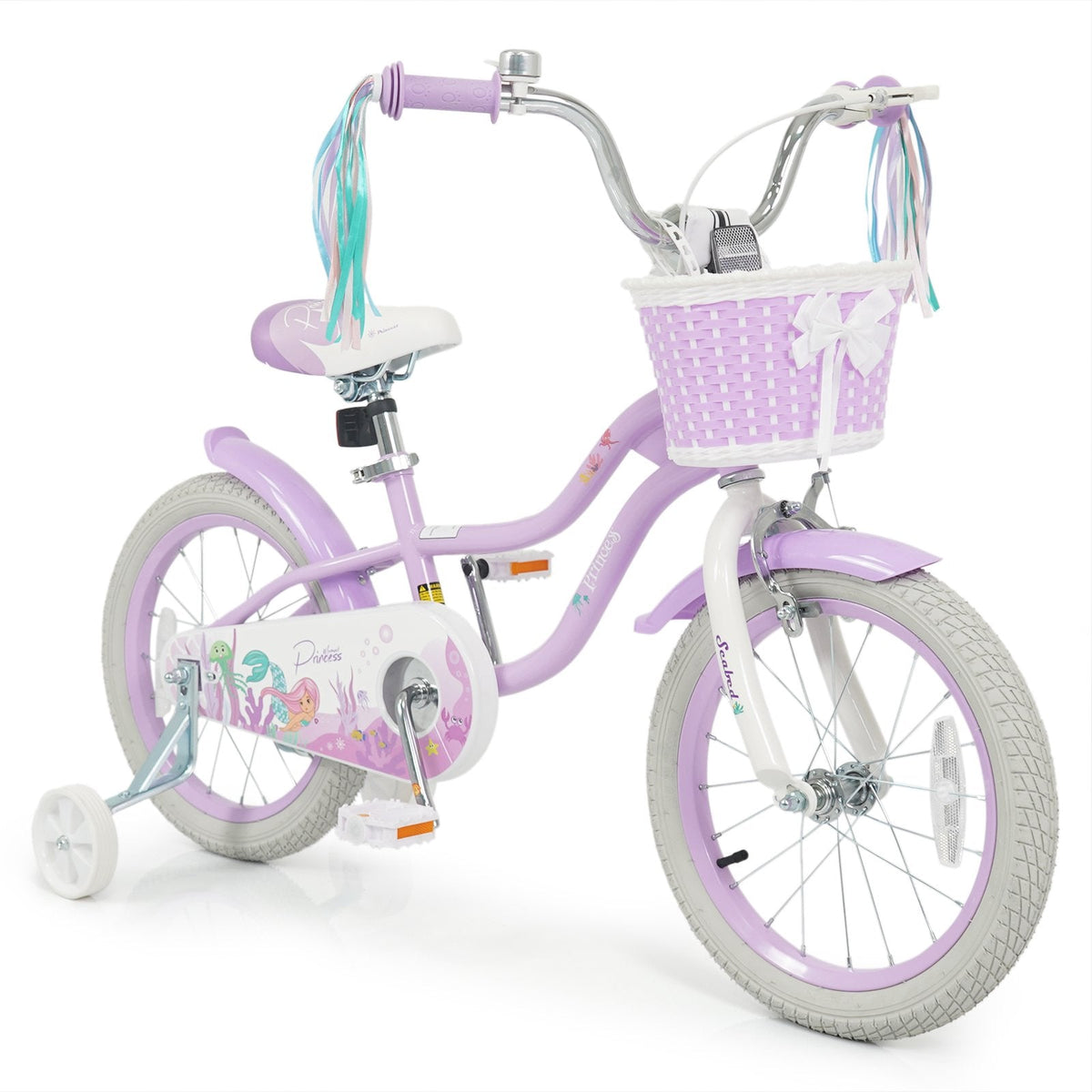 16 Inch Girls Bike with Basket, Ribbons and Mudguards, Mermaid Theme, Lilac
