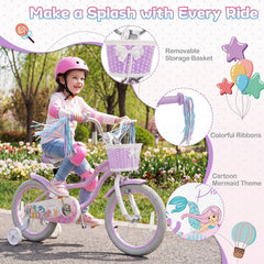 16 Inch Girls Bike with Basket, Ribbons and Mudguards, Mermaid Theme, Lilac