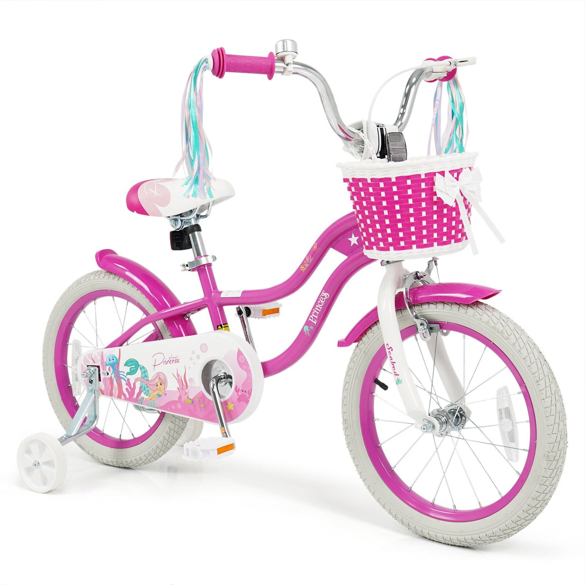 16 Inch Girls Bike with Basket, Ribbons and Mudguards, Mermaid Theme, Rose Red