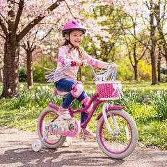 16 Inch Girls Bike with Basket, Ribbons and Mudguards, Mermaid Theme, Rose Red