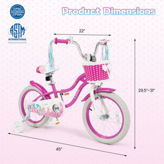 16 Inch Girls Bike with Basket, Ribbons and Mudguards, Mermaid Theme, Rose Red