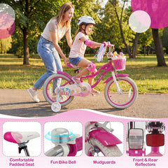16 Inch Girls Bike with Basket, Ribbons and Mudguards, Mermaid Theme, Rose Red