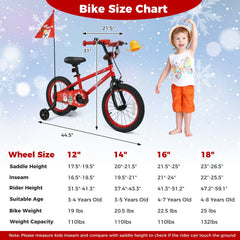16 Inch Kids Bike with Front V Brake, Speaker and Training Wheels, Red