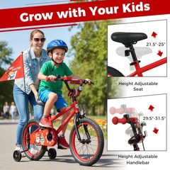 16 Inch Kids Bike with Front V Brake, Speaker and Training Wheels, Red