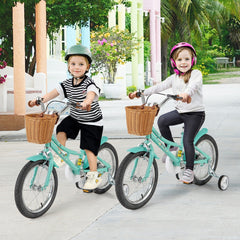 16 Inch Retro Kids Bike with Wicker Basket and Training Wheels, Green