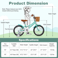16 Inch Retro Kids Bike with Wicker Basket and Training Wheels, Green