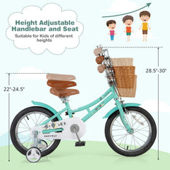 16 Inch Retro Kids Bike with Wicker Basket and Training Wheels, Green