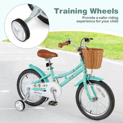 16 Inch Retro Kids Bike with Wicker Basket and Training Wheels, Green
