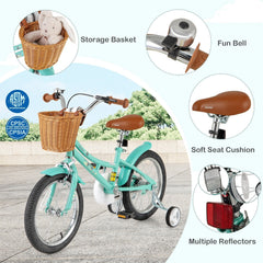 16 Inch Retro Kids Bike with Wicker Basket and Training Wheels, Green
