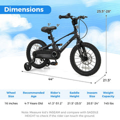 16 Inch Magnesium Alloy Kids Bike with Disc Brakes and Training Wheels, Black