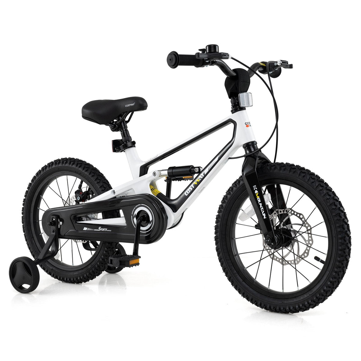 16 Inch Kids Bike with Disc Brakes, Suspension Fork and Training Wheels, White