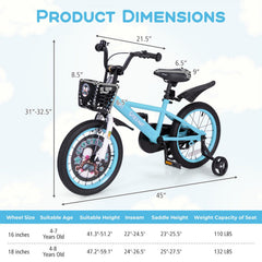 16 Inch Kids Bike with Adjustable Handlebar and Saddle, Aqua Blue