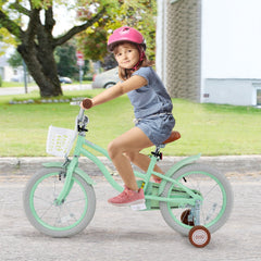 16 Inch Kids Bike with Removable Training Wheels, Basket and Bell for Ages 4 to 7, Mint Green