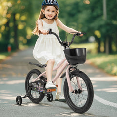 16 Inch Kids Bike with Basket, Bell and Detachable Training Wheels, Pink