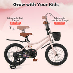 16 Inch Kids Bike with Basket, Bell and Detachable Training Wheels, Pink