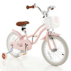 16 Inch Kids Bike with Front Handbrake, Training Wheels and Basket, Pink