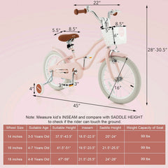 16 Inch Kids Bike with Front Handbrake, Training Wheels and Basket, Pink