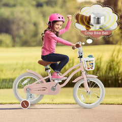 16 Inch Kids Bike with Front Handbrake, Training Wheels and Basket, Pink