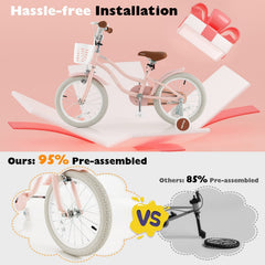 16 Inch Kids Bike with Front Handbrake, Training Wheels and Basket, Pink