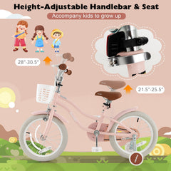 16 Inch Kids Bike with Front Handbrake, Training Wheels and Basket, Pink