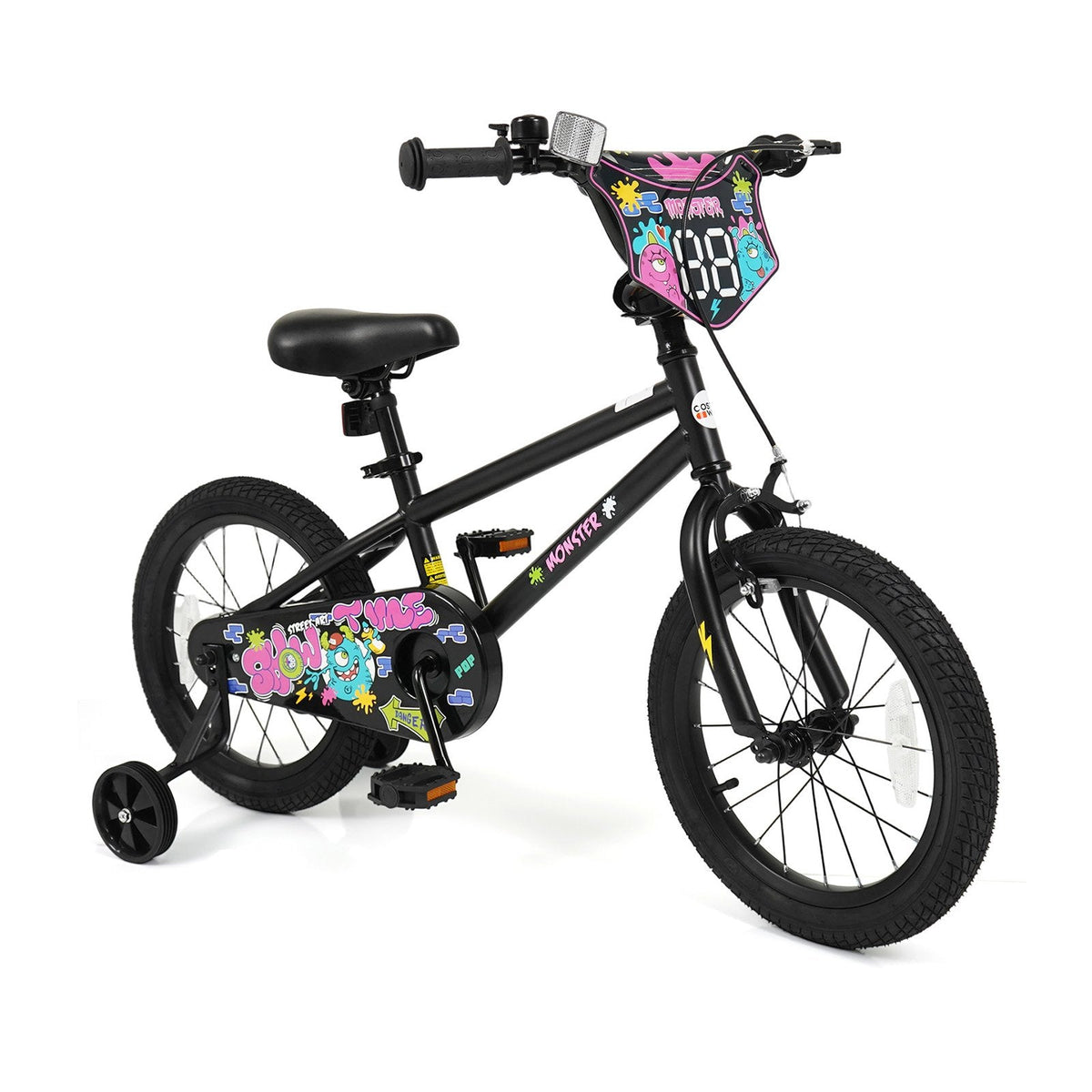 16 Inch Kids Bike with Training Wheels and Number Plate, Black