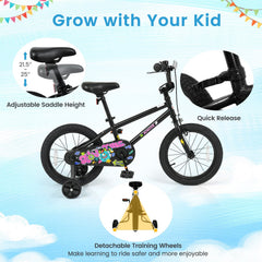 16 Inch Kids Bike with Training Wheels and Number Plate, Black