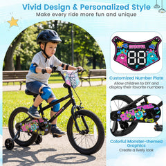 16 Inch Kids Bike with Training Wheels and Number Plate, Black