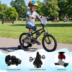16 Inch Kids Bike with Training Wheels and Number Plate, Black