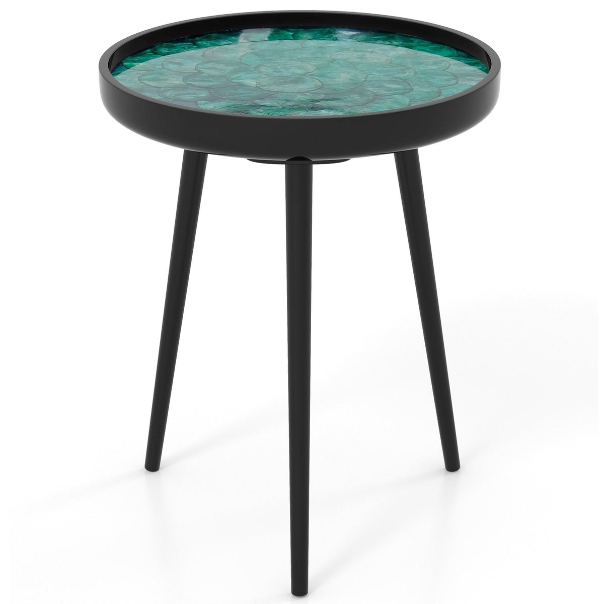 16 Inch Round Sea Shell End Table with Epoxy Resin Top, Green