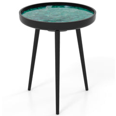 16 Inch Round Sea Shell End Table with Epoxy Resin Top, Green