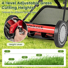 16 Inch Push Lawn Mower with 5 Steel Blades and Grass Catcher Bag-Red