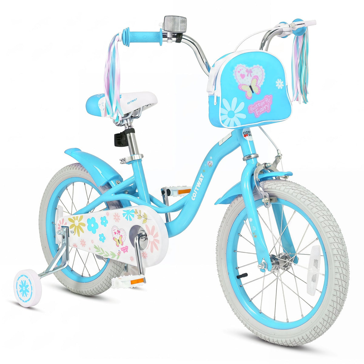 16 Inch Girls Bike with Front Bag, Streamers and Training Wheels, Blue