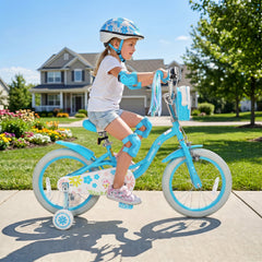 16 Inch Girls Bike with Front Bag, Streamers and Training Wheels, Blue