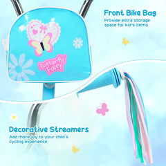 16 Inch Girls Bike with Front Bag, Streamers and Training Wheels, Blue