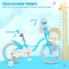 16 Inch Girls Bike with Front Bag, Streamers and Training Wheels, Blue
