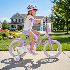 16 Inch Girls Bike with Front Bag, Streamers and Training Wheels, Purple