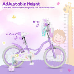 16 Inch Girls Bike with Front Bag, Streamers and Training Wheels, Purple