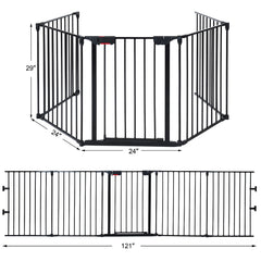 115 Inch Length 5 Panel Adjustable Wide Fireplace Fence-Black