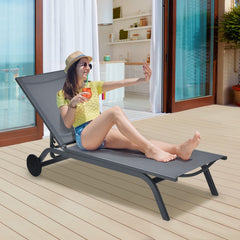 Aluminium Patio Recliner with Large Rear Wheels and 6 Backrest Positions, Gray