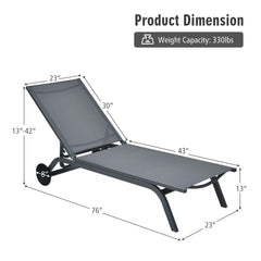Aluminium Patio Recliner with Large Rear Wheels and 6 Backrest Positions, Gray