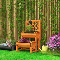 2 Tier Raised Garden Bed with Cylindrical Planter Boxes and Trellis in Orange