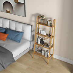 58 Inch 4 Tier Bamboo Ladder Bookshelf and Plant Stand, Natural